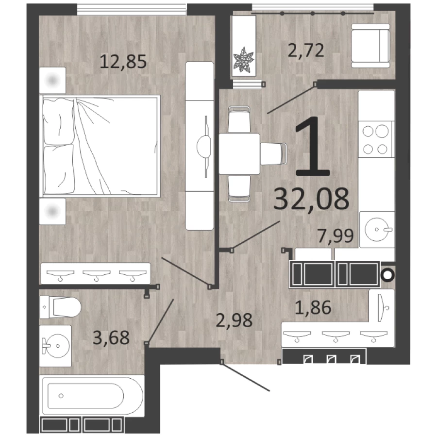1-ая квартира 32,08 м2 с улучшенной планировкой в ЖК с собственным паркингом